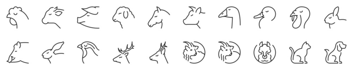 Fototapeta premium Farm and hunting animals, thin line icon set. Symbol collection in transparent background. Editable vector stroke. 512x512 Pixel Perfect.