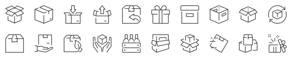 Delivery boxes and package, thin line icon set. Symbol collection in transparent background. Editable vector stroke. 512x512 Pixel Perfect.