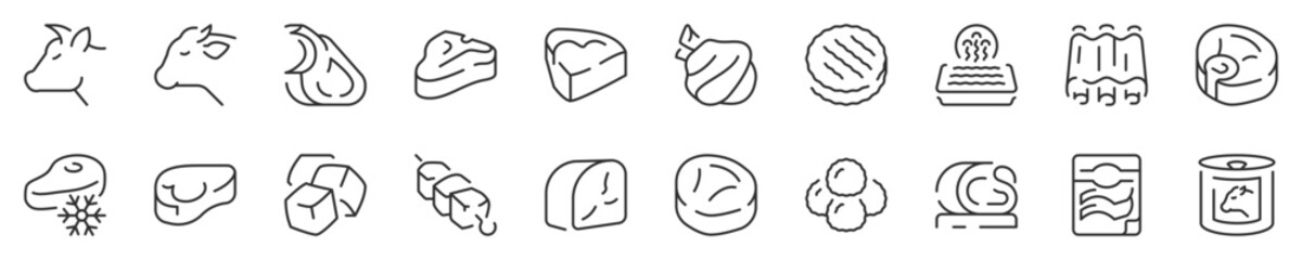 Cow and veal meats products, thin line icon set. Symbol collection in transparent background. Editable vector stroke. 512x512 Pixel Perfect.