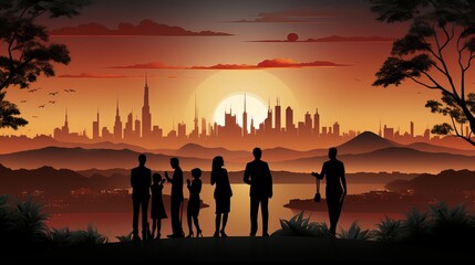 Nature's Embrace: A Serene Silhouette of a Sunlit Family on a Beach at Sunset - Vector Illustratio, generative AI