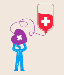 Female volunteers donate blood,  world blood donor day. Colorful vector illustration