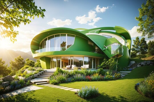 A stunning green home nestled in a vibrant landscape, with the sun's rays illuminating its eco-friendly design. Generative AI