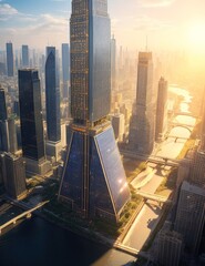 A bustling metropolis, where towering skyscrapers are adorned with intricate solar panel designs, harnessing the sun's energy to power the city's endless activities. Generative AI - obrazy, fototapety, plakaty