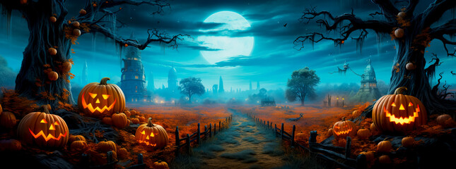 Pumpkins In Graveyard In The Spooky Night - Halloween Backdrop