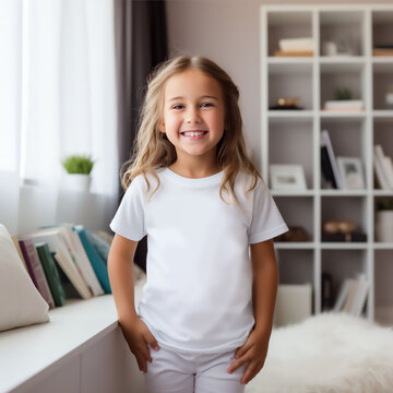 Mockup of a white T-shirt in a child's room. Soft beige interior for a baby.
