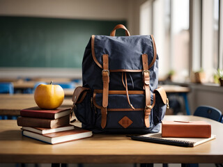 school backpack with stationery on white wooden table on school background. Back to school concept. - obrazy, fototapety, plakaty