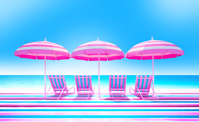 Pink striped lounge chairs on the beach. Pink and blue stripes on beach chairs and beach umbrellas on the seashore.  Bright colors, endless ocean, beautiful sky in the style of popular blonde movie