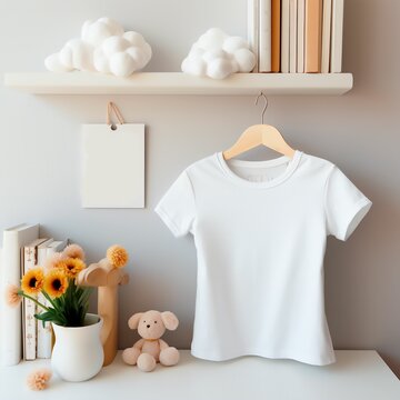 White blank baby t-shirt mockup in interior. Soft beige interior for baby
