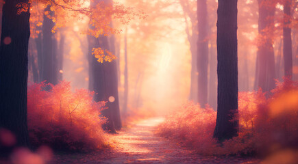 Sunset in the autumn forest. AI