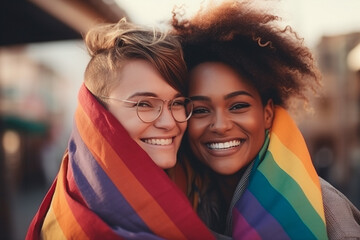 Portrait of an attractive female gay couple using a rainbow flag - obrazy, fototapety, plakaty