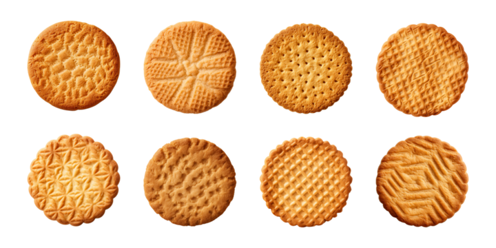 Tasty round biscuit collection isolated on a transparent background