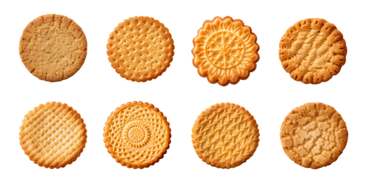 Tasty round biscuit collection isolated on a transparent background
