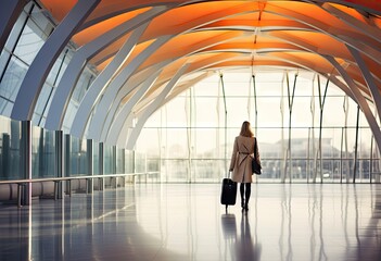 Female tourist in the airport station background. Transportation and travel concept. - obrazy, fototapety, plakaty