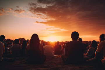 crowd watching a sunset, silhouetted against vibrant hues - AI Generated