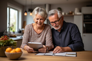 Senior couple reviewing a pension booklet with a Tablet - Golden Years - AI Generated - obrazy, fototapety, plakaty