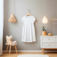 Mockup of a white sheer dress in a children's interior. Soft beige interior for a baby.