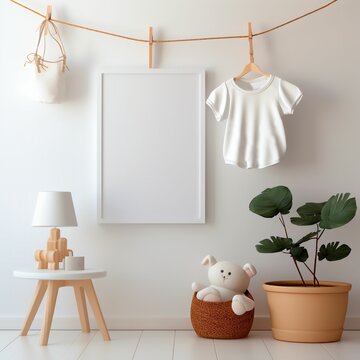 Mockup of a white blank poster in a frame in a children's interior