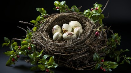 Naklejka na ściany i meble Bird nest on branch with natural surroundings. New life in a safe nest on a branch.
