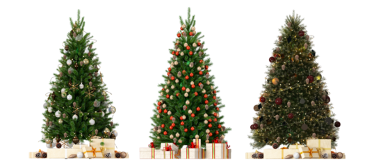 christmas tree and decorations on white background