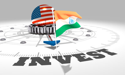 Global business concept. USA foreign investment. Politic and economic relationships between USA and India. National flags. 3D rendering