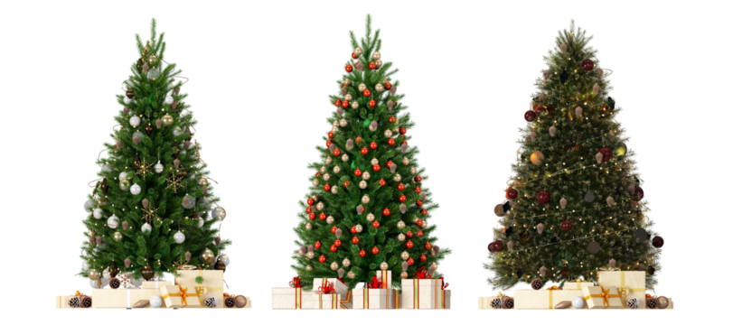 christmas tree and decorations on white background