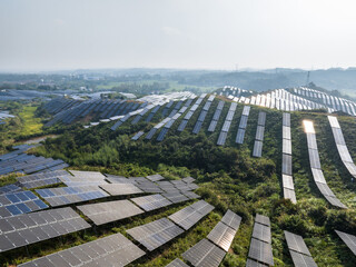 aerial view solar power station  - 658962338