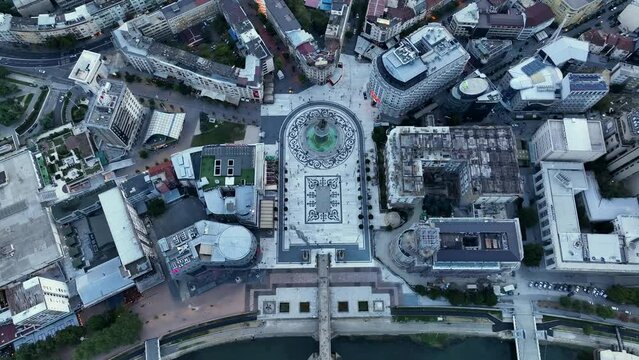Aerial shot of Central Square of Macedonia in Skopje, Republic of North Macedonia. Aerial view of City in the evening