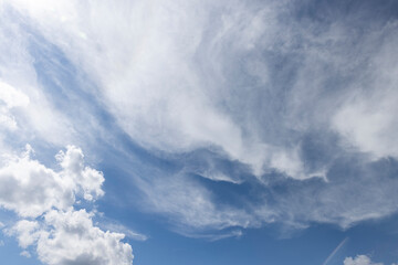 blue sky with lots of clouds in the summer season sky with clouds of different shapes and sizes