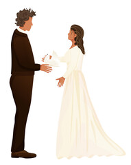 Married couple icon. Hand drawn style vector groom and bride illustration. Man and woman in white dress and black suit.