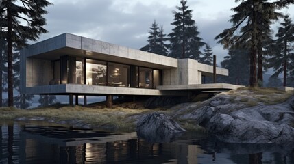 A house sitting on top of a rock next to a body of water