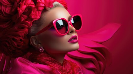 A woman in a pink dress and sunglasses