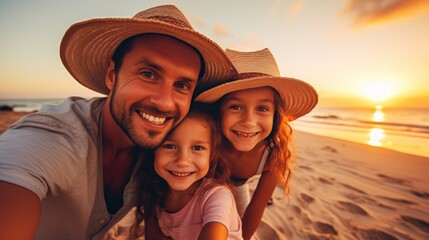 A family taking a selfie on the beach at sunset
