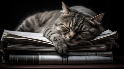 Tabby cat sleeping on the newspapers.