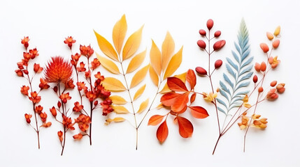 Autumn composition. Dried leaves, flowers, rowan berries on white background. Flat lay, top view. Generative AI - obrazy, fototapety, plakaty