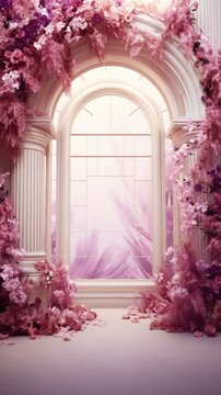 A room with a window and pink flowers