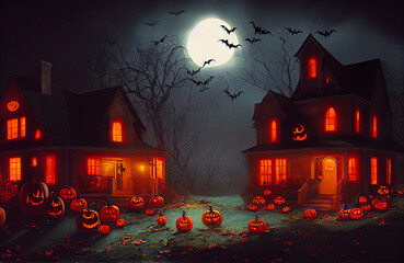 Fototapeta na wymiar carved pumpkins at night horror Halloween background
