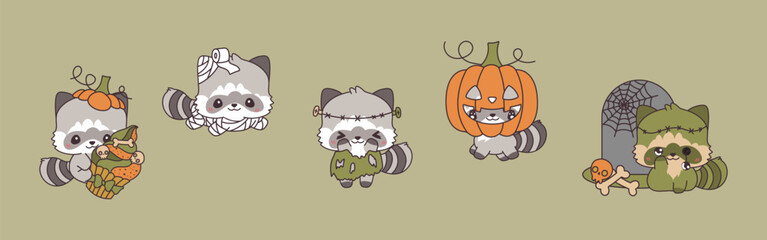 Set of Vector Halloween Raccoon Illustrations. Collection of Kawaii Halloween Forest Animals Art