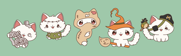 Set of Vector Halloween Ragdoll Cat Illustrations. Collection of Kawaii Halloween Kitten Art.