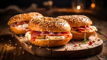 Delicious bagels with ham and cheese on a wooden table.