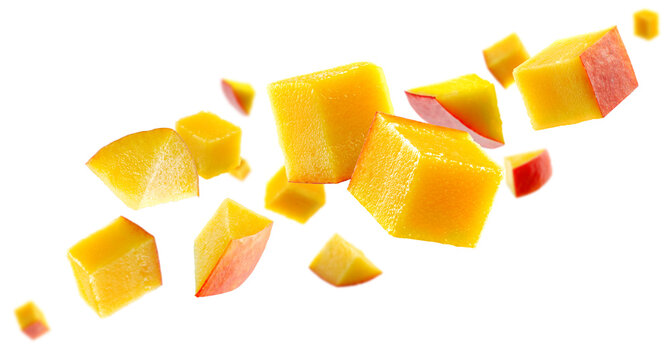 Mango cubes fly in space forming a chain shape. Volumetric light from behind. Isolated on white.