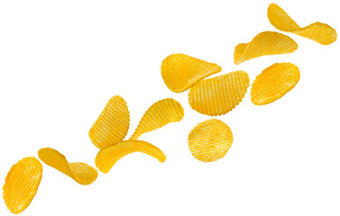Ridged potato chips isolated on white fly in space forming the shape of a chain. Selective focus