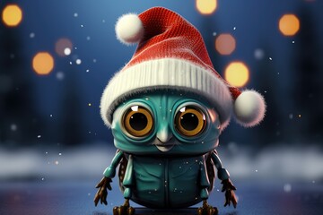 Cute insect with christmas hat. Cute insect in Santa Claus hat on bokeh background.  - obrazy, fototapety, plakaty