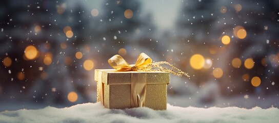 A gift in a yellow holiday box with a ribbon on the background of lights and snowfall in defocus....