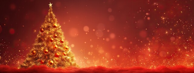 Christmas tree with red balls with a star on a red background and lights in defocus. Abstract bokeh...