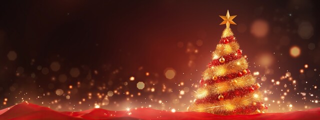 Christmas tree with red and yellow balls with a star on a dark red background and lights in...