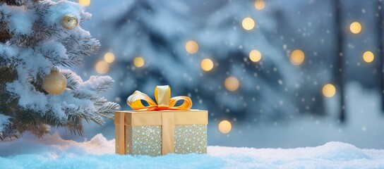 A gift in a yellow festive box with a ribbon on the snow next to the Christmas tree against the...