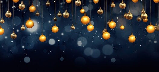 Yellow and gold Christmas tree balls hang on a dark blue background and lights in defocus. Abstract...