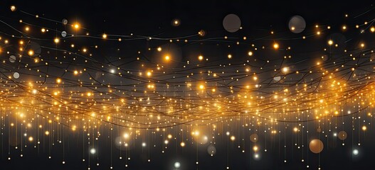 A garland of cobwebs of yellow light bulbs hanging on a dark background. Abstract bokeh backdrop. New year and Christmas background footage. - obrazy, fototapety, plakaty