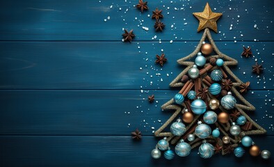 Christmas tree made of Christmas balls and cinnamon on a blue wooden background. The Flatlay concept. New year and Christmas background footage. - Powered by Adobe