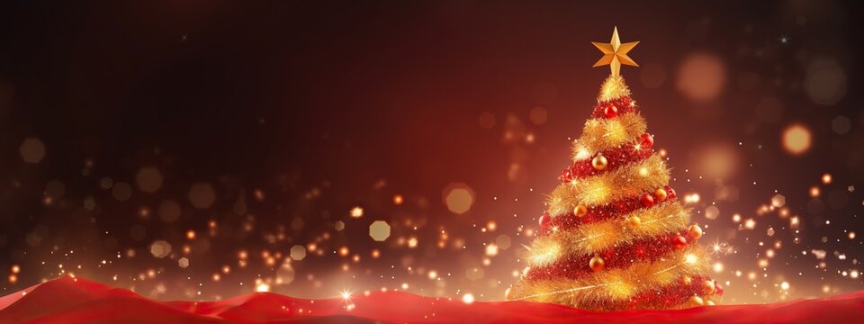 Christmas tree with red and yellow balls with a star on a dark red background and lights in defocus. Abstract bokeh backdrop. New year and Christmas background footage.